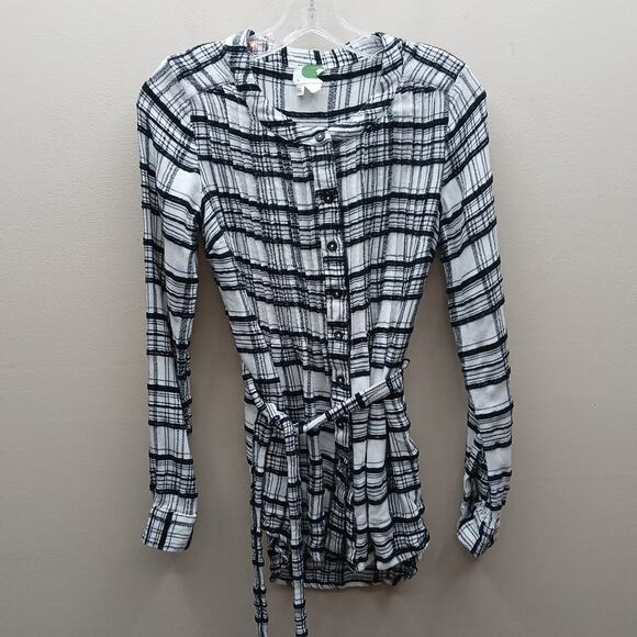 Anthropologie Plaid Pin Tuck Tunic Top Blouse Size 2 Black and White Waist Tie - Picture 1 of 4